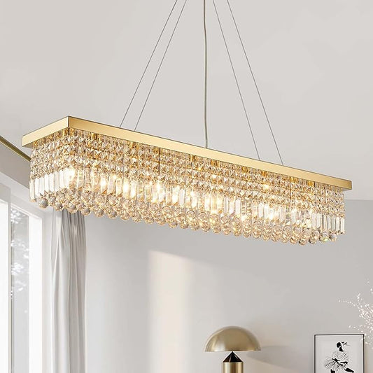 7PM Rectangle K9 Crystal Chandelier Modern Gold Crystal Chandelier Rectangular Pendant Lighting Fixture for Dining Room Kitchen Island Bedroom L47'' x W10'' x H10''