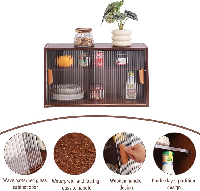 Tiita Small Kitchen Pantry Cabinet, Bamboo Sideboard with Glass Doors, Cupboard Food Pantry Cabinet for Kitchen, Living Room and Dinning Bedroom