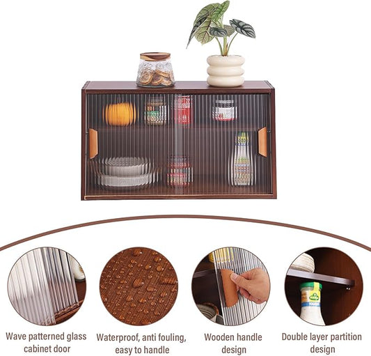 Tiita Small Kitchen Pantry Cabinet, Bamboo Sideboard with Glass Doors, Cupboard Food Pantry Cabinet for Kitchen, Living Room and Dinning Bedroom
