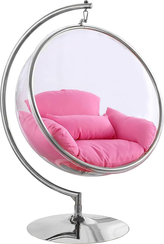 Meridian Furniture 507Pink Luna Collection Modern | Contemporary Clear Acrylic Accent Swing Chair with Durable Metal Base and Fabric Seat, Pink, Chrome Finish, 41.5" W x 29.5" D x 64" H