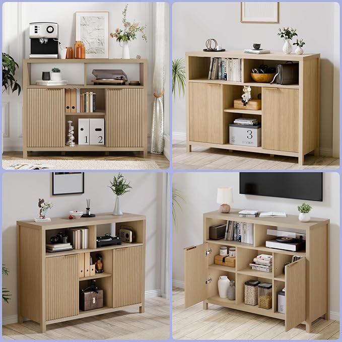 FONTOI Sideboard Buffet Cabinet, Thicken Wood Storage Cabinet with 4 Large Open Shelf, Farmhouse Credenzas with 2 Fluted Doors, Modern Accent Buffet Credenzas for Living Room, Entryway, Natural