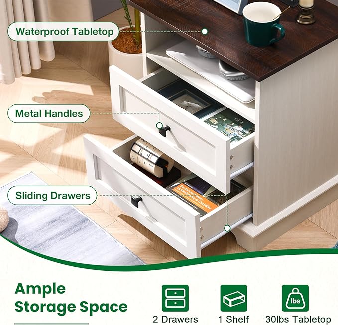 20-Inch Wide Modern Nightstand with Charging Station & Outlets, Bedside Table with 2 Drawers and Open Shelf, Sleek Design End Table for Bedroom and Office, White (Single Piece)