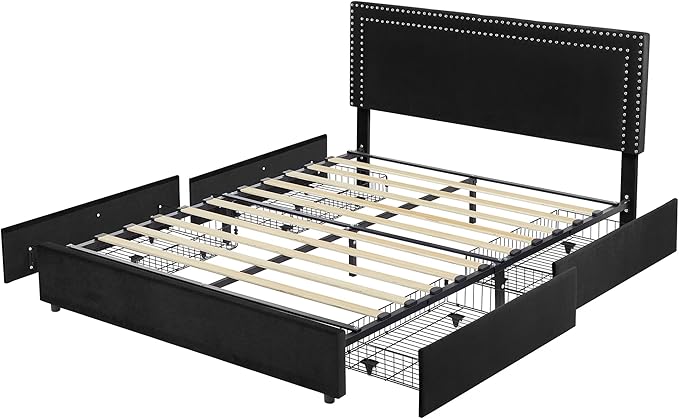 VECELO Queen Size Upholstered Platform Bed Frame with 4 Storage Drawers, Adjustable Velvet Rivets Headboard, Wooden Slats Support, No Box Spring Needed, Easy Assembly