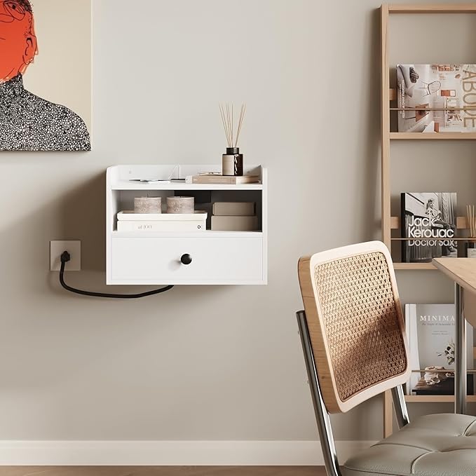 Floating Nightstand Set of 2 Modern Night Stands with Drawer and Open Shelf Cubby Small Bedside End Table with Charging Station Wall Mounted Nightstands Set 2 for Bedroom White