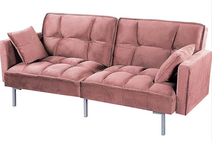 Container Furniture Direct Regal 75.6" Velvet Convertible Sofa Bed - Mid-Century Sleeper Couch w/Tufted Design & Metal Legs - Pull-Out Futon for Guests/Home (75.6" W x 34.6" D x 32" H), Rose