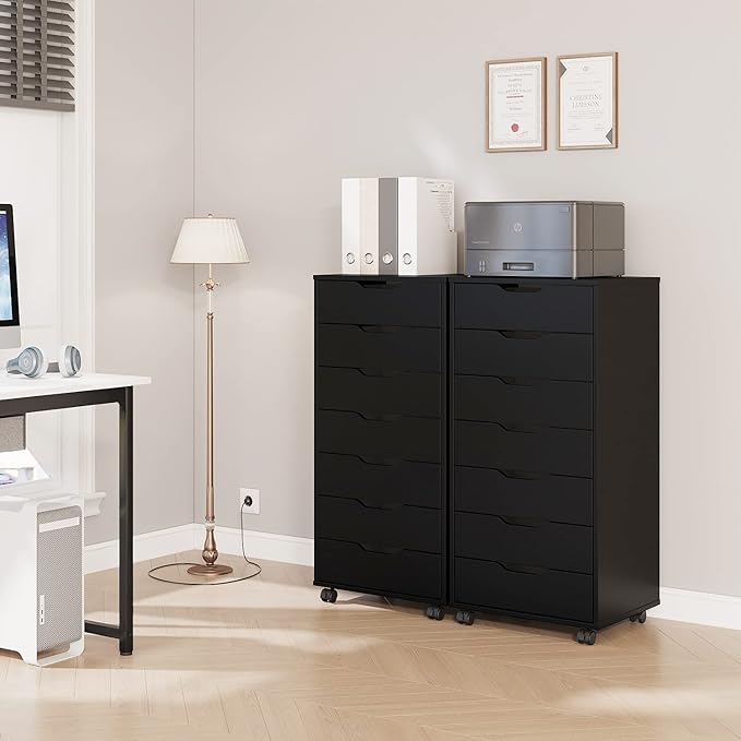 Panana 5/7 Drawer Chest, Wooden Tall Dresser Storage Dresser Cabinet with Wheels, Office Organization and Storage, Bedroom Furniture (Black, 7 Drawer)