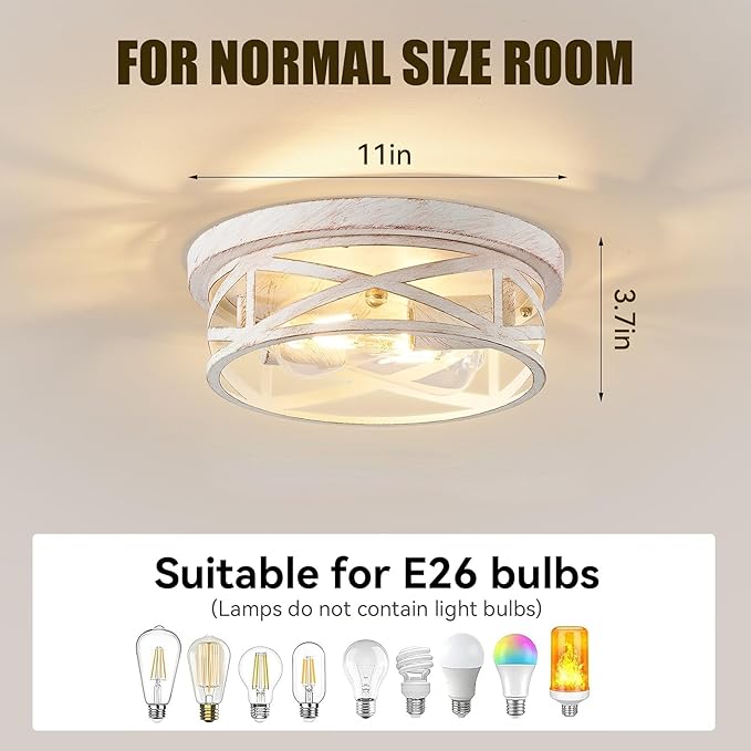 Indoor Flush Mount Ceiling Light Fixtures, 2-Light Cage Cross Close to Ceiling Mount Lights, E26 Base Vintage Hanging Lights for Kitchen Bedroom Living Room, White and Gold