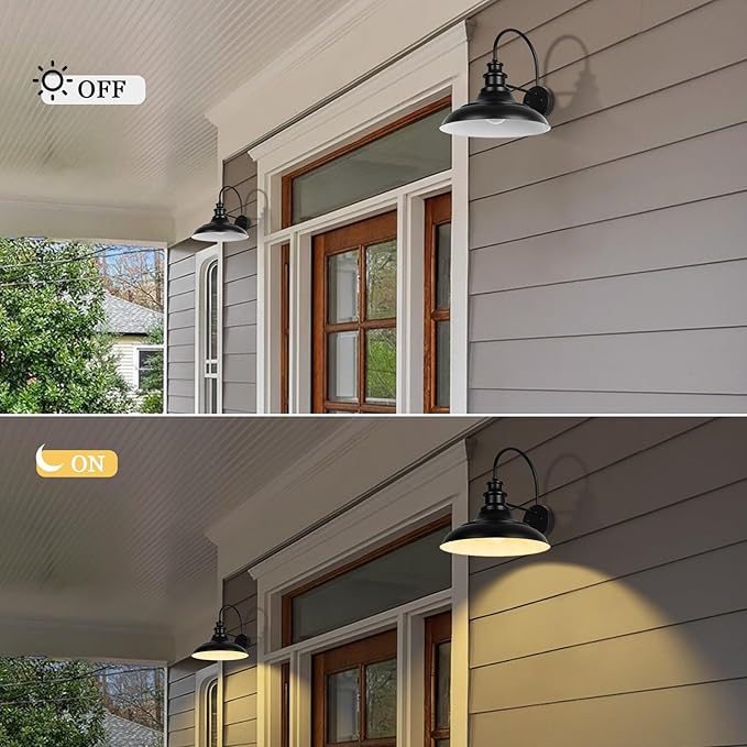 Outdoor Barn Light Fixtures, 12.3 Inch Large Dome Farmhouse Exterior Wall Mount Lights, Wall Sconce Indoor Wall Lighting, Industrial Black White Finish Lanterns for Porch, RZ004-4 BK+WH