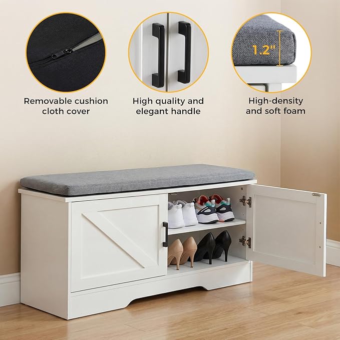 NEWBULIG 2-Tier Storage Bench, 39" Wide Shoe Bench with Padded Seat Cushion, Entryway Bench with 4 Barn Doors and Adjustable Shelf, White