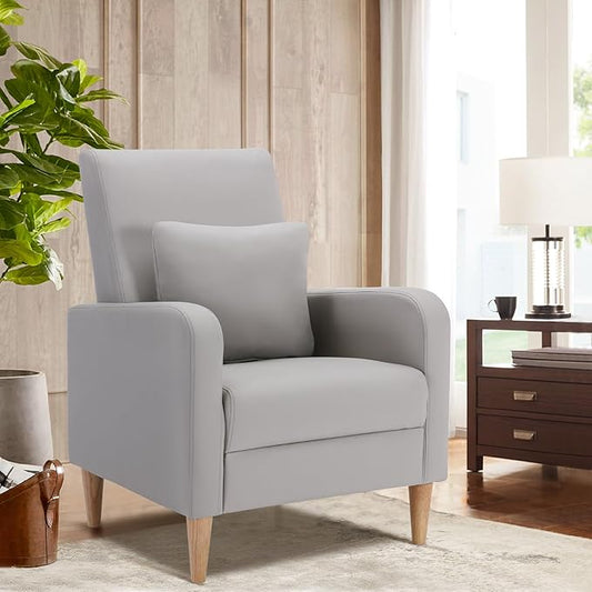 COLAMY Faux Leather Accent Living Room Chairs Set of 1, Upholstered Arm Chair Reading Side Chair, Single Sofa with Back Pillow and Wood Legs, Light Grey