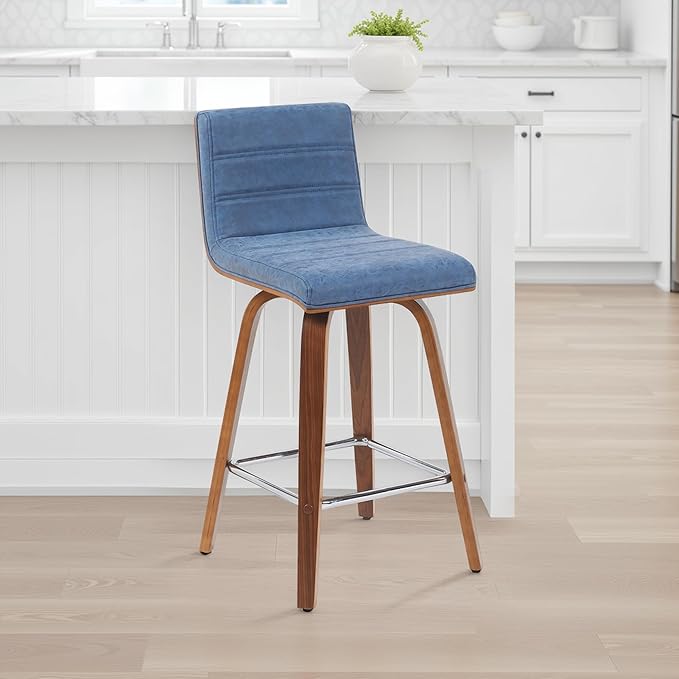 Vienna Modern Counter Height Swivel Bar Stool with Vintage Blue Upholstered Seat and Walnut Finished Wood Frame Set of 2