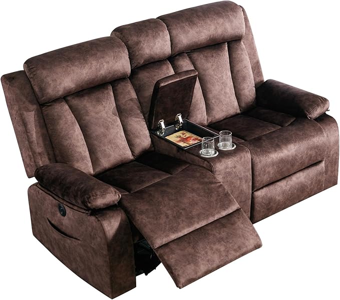 GUEAPY Reclining Loveseat-Power Reclining Loveseat with Console,Double Recliner Loveseat with Heat and Massage,Electric Loveseat Recliner with Cup Holders,USB & Type-C Charge Ports for Living Room,RV