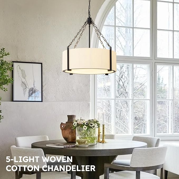 21" White Rattan Chandelier, 5-Light Large Boho Woven Cotton Rope Pendant Light Fixture with Adjustable Chain, Coastal Drum Chandeliers for Dining Room Living Room Kitchen Bedroom Foyer Entryway