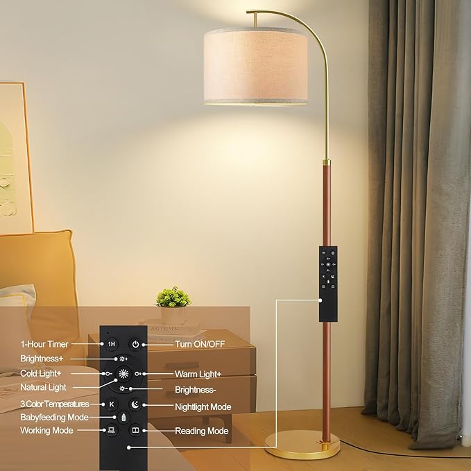 Wood Floor Lamps for Living Room Arc Floor Lamp with Remote Control,Dimmable LED Floor Lamp Mid Century Modern Standing Lamp with 3 Color Temperature Tall Gold Floor Lamp for Bedroom Corner