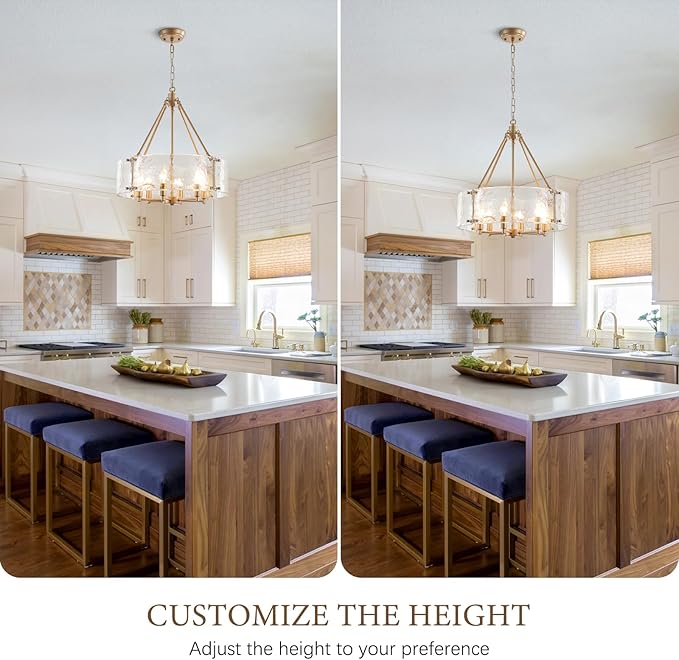 Gold Glass Chandelier for Dining Room Light Fixture, 19.69" Modern Drum Chandelier Textured Crystal Light Fixture for Kitchen Island Living Room Bedroom Foyer