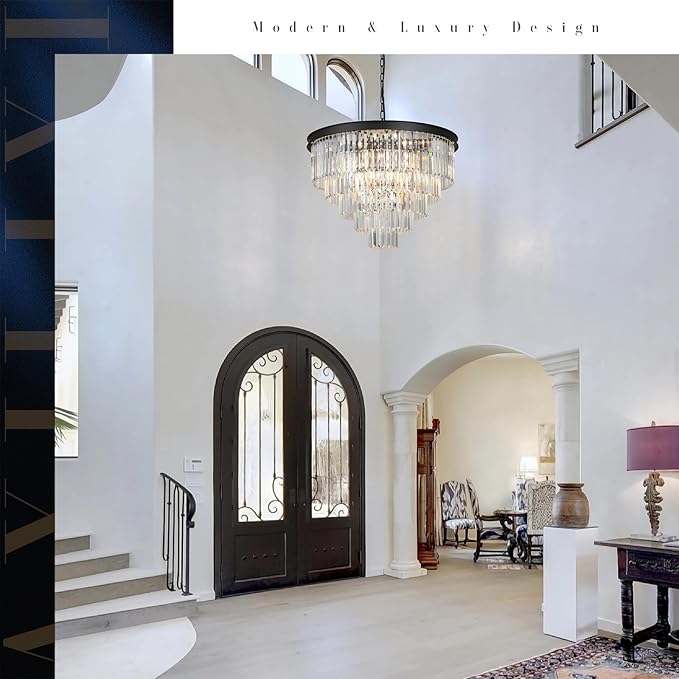 Large Crystal Chandelier Modern Black 30" Round Chandeliers for Staircase K9 5-Tier Large Ceiling Pendant Light Fixtures Luxury Chandelier for High Ceiling Foyer Living Room Bedroom