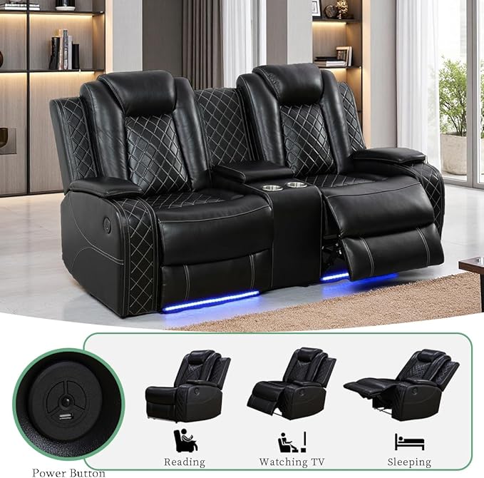 Living Room Furniture Set, Black Breathing Leather Sofa Couch, Living Room Sofa Set Power Recliner Loveseat with 2 Reclining Seats/Cup Holders/Storage Console/LED Light for Office, Home Theater