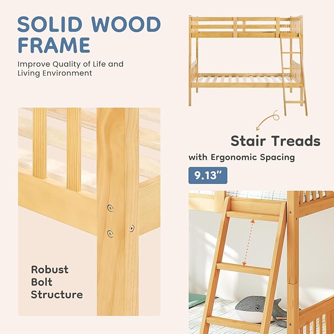 DUMOS Loft Bunk Bed Twin Over Twin, Solid Wood Frame with Slats, Bunk Beds with Ladder and Guardrail, No Box Spring Needed, Space Saving Bed Frame for Dorm, Bedroom