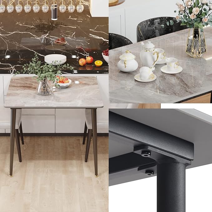 Wisfor Square Kitchen Dining Table: Sintered Stone Dining Room Table Modern Coffee Table Marble Table with Stable Metal for Kitchen Living Room Office Patio Seaside, 31.5x31.5x29.92 inch