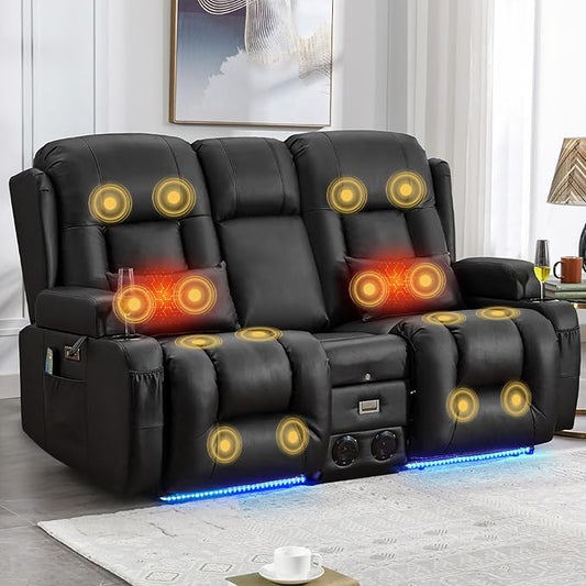 IPKIG Power Recliner Sofa with Flip-Up Backrest Console, USB & USB-C Ports, AC Outlet, LED Lights, Wall Hugger Recliners for Living Room, RV (Black, 67" - 3 Seat) | Faux Leather, Zero Gravity, Dual Reclining, 2 Lumabr Pillow, Bluetooth Speakers