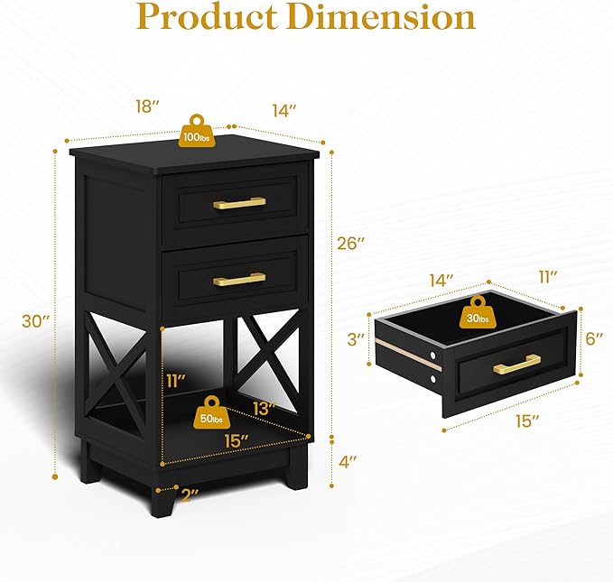 Black Nightstand Set of 2, Tall Side Table with 2 Drawers and Open Shelf, Bedside Table with Solid Feet, Modern End Table for Bedroom, Home Office, Black