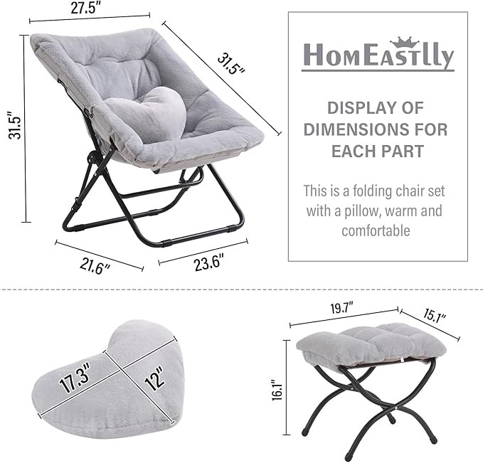 Comfy Saucer Chair with Ottoman, Oversized Folding Faux Fur Chair Soft Furry Lazy Chair with Metal Frame Moon Chair Accent Chair for Bedroom, Living Room, Dorm Rooms, Grey