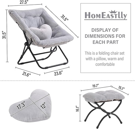 Comfy Saucer Chair with Ottoman, Oversized Folding Faux Fur Chair Soft Furry Lazy Chair with Metal Frame Moon Chair Accent Chair for Bedroom, Living Room, Dorm Rooms, Grey