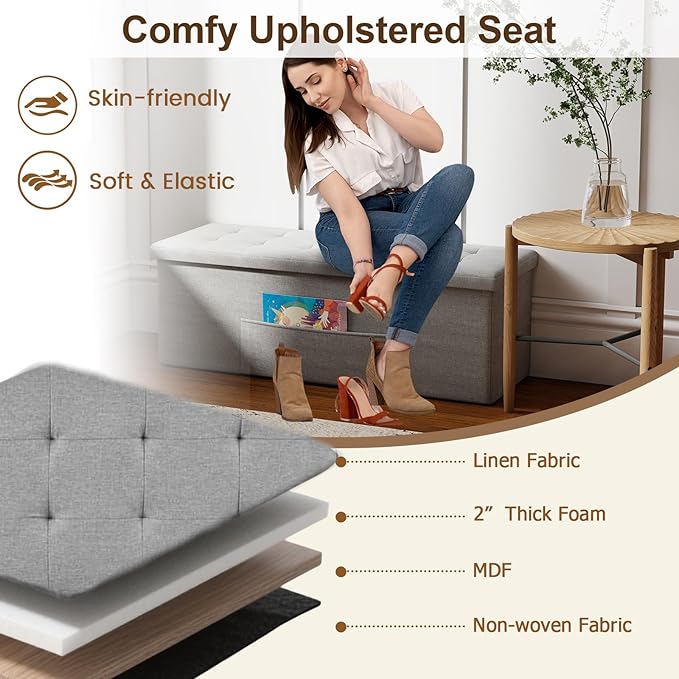 Giantex Storage Ottoman Bench, 43"L Folding Foot Rest Storage Chest with Side Pocket, Divider, Padded Seat Shoe Bench for Living Room Bedroom Hallway Entryway End of Bed (Light Gray)