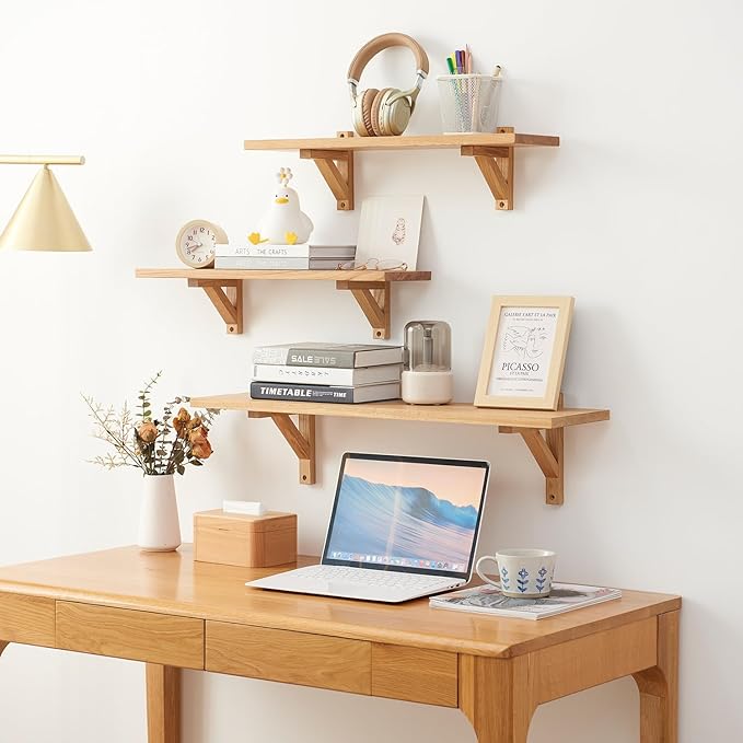 Floating Shelves Oak 24 inches Natural Wood Wall Shelf Wall Mounted Rustic Floating Shelf with Brackets for Bedroom Living Room Bathroom Kitchen Office Wall Storage Shelf
