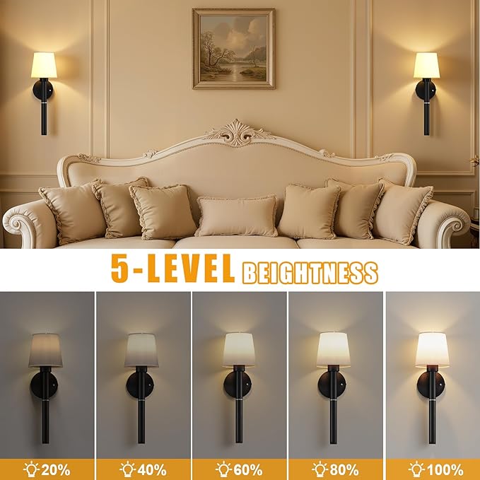 Magnetic & Detachable Wireless Wall Sconces (Black) - 5200mAh Rechargeable Battery Bar for Staircase, Bedroom, Lounge