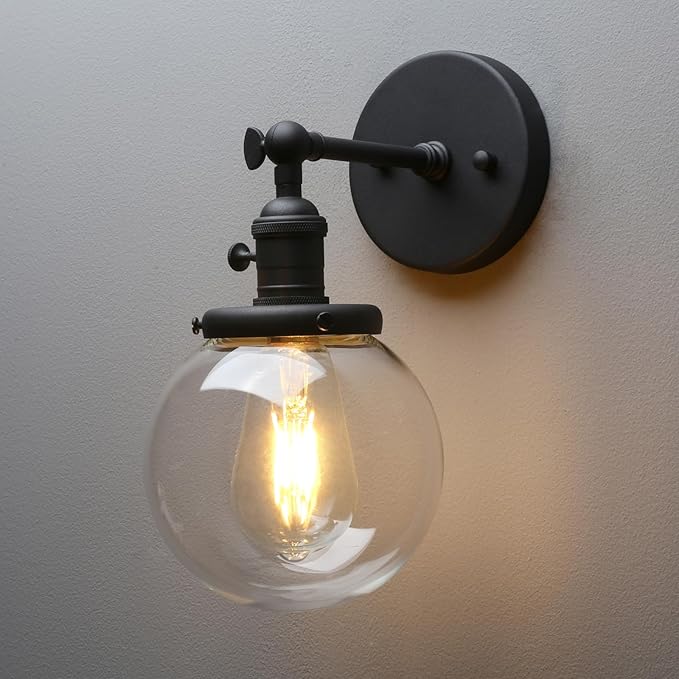 PERMO Vintage Industrial Wall Sconce Lighting Fixture with 5.9" Round Clear Glass Globe Hand Blown Shade (Black)