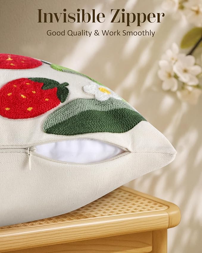 Embroidered Lumbar Pillow Cover - 20x12 Decorative Pillow Cover with Zipper Aesthetic Cute Design Boho Spring Summer Throw Pillowcase for Living Room Couch Sofa Bed, Leaf Strawberry
