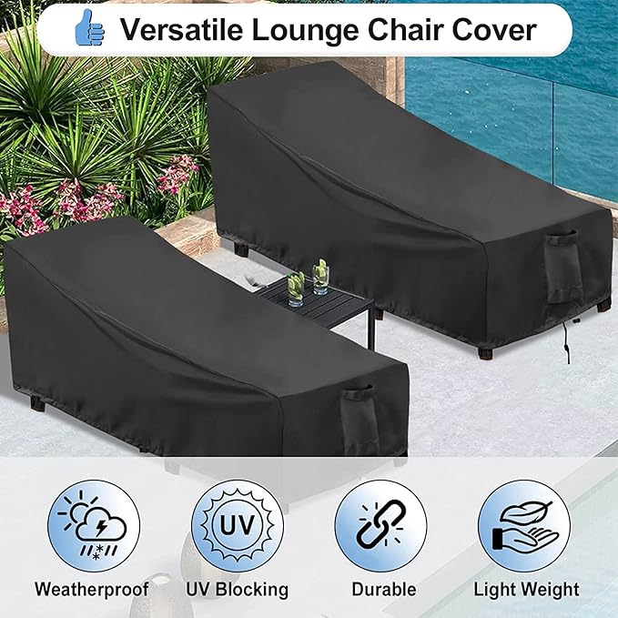 OutdoorLines Outdoor Waterproof Patio Chaise Lounge Chair Cover - UV Resistant Lounger Covers Heavy Duty Weatherproof Patio Sofa Furniture Covers, 2 Packs, 68Wx30Dx30H Inches, Black