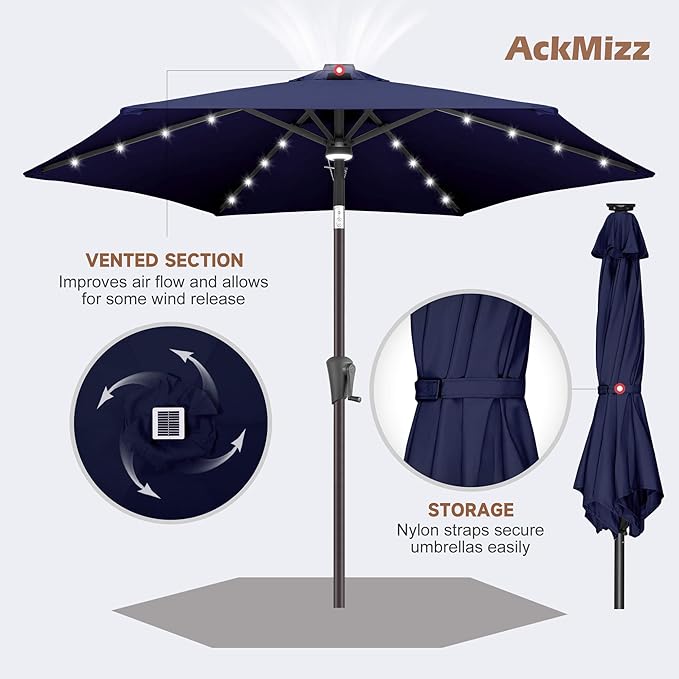 7.5ft Solar Umbrella Outdoor - Lighted Solar Patio Umbrella with 24 LED Lights Waterprool UV Protection, Table Umbrella with Tilt for Pool, Porch, Garden, Deck, Backyard (Navy Blue)
