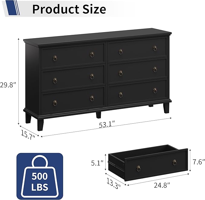 Black Dresser for Bedroom, 53.1'' Wide Chest of Drawers with 6 Drawers, Large Storage Wooden Dresser for Living Room, Entryway, Hallway
