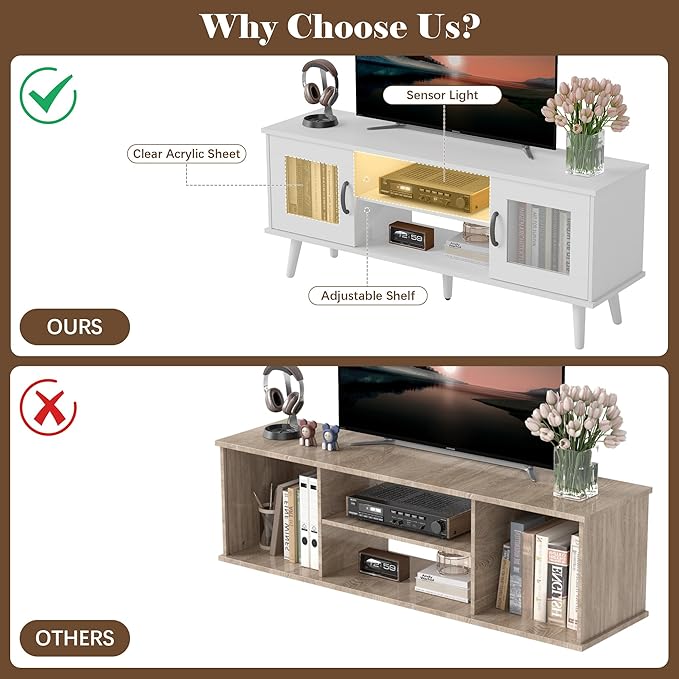 Wood TV Stand for 55 Inch TV, Mid Century Modern Entertainment Center with Adjustable Shelf, Sensor LED Light, 2 Cabinets, TV Media Console for Living Room Bedroom White