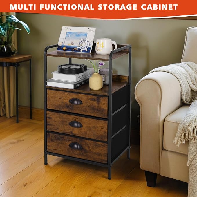 Night Stand with 3 Fabric Drawer and Sturdy Metal Frame, Modern Side Table Lightweight & Durable -55LB Load Capacity, Wear-Resistant & Easy-Clean Surface,Rustic Brown