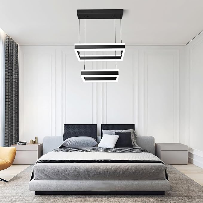 Modern Black Chandelier Foyer Ceiling Chandeliers 65W Dimmable LED Pendant Light Dining Room Light Fixture 2 Rings Square Chandelier for Kitchen Island Living Room Bedroom Hallway