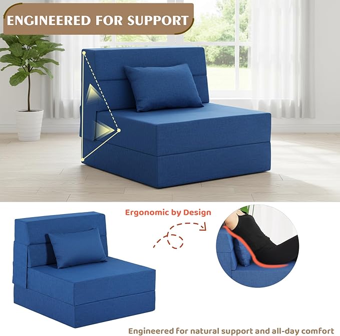 Fvkind Folding Sofa Bed, Foldable Sleeper Chair with Pillow, Convertible Fold Out Chair Bed with Washable Cover, Foldable Mattress for Living Room, Bedroom, Guest Room, Single Size, Blue