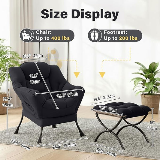 Lazy Chair and Ottoman, Black Velvet Large Accent Chair with a Side Pocket, Modern Leisure Upholstered Sofa Reading Armchair with Footrest for Office, Bedroom, Living Room, Dorm Rooms, Balcony