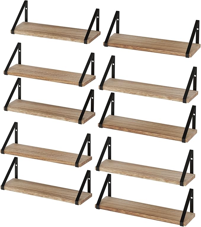 Wallniture Ponza 17'' x 4.5'' Floating Wall Shelf Bathroom, Small Wood Book Shelves for Wall Storage, Wall Mounted Shelf, Dining Room, Bedroom, Living Room, Office & Kitchen Organization, Burnt, 10pcs