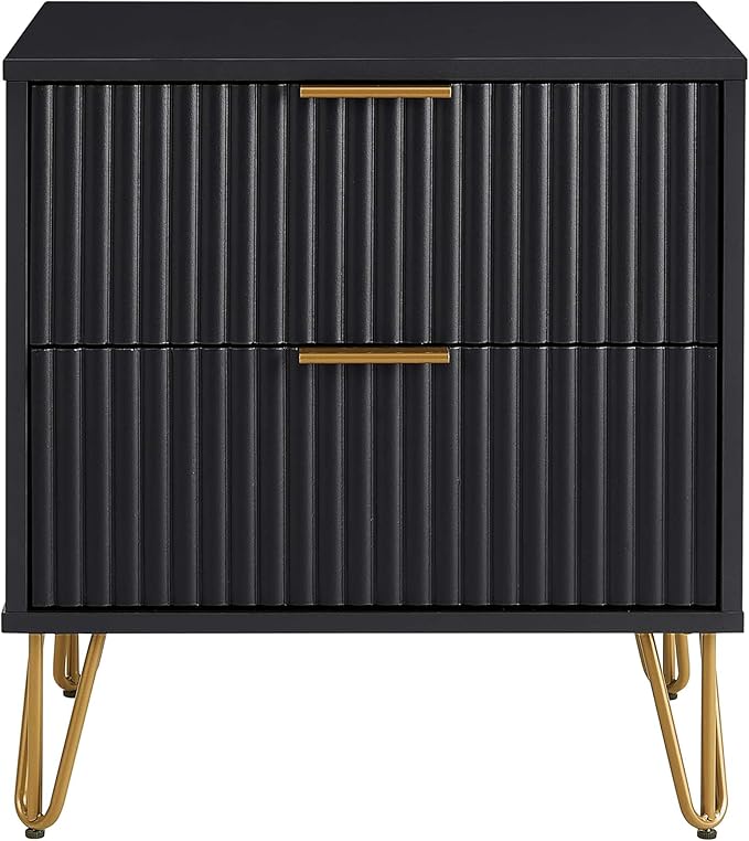 Manhattan Comfort Dumbo Fluted Nightstand with 2 Drawers, Gold Metal Legs and Metal Handles, Snap Tool-Free Assembly, Modern Bedside Accent Table with Storage for Bedroom, Living Room, Office in Black