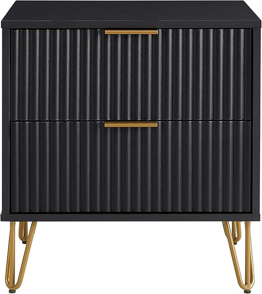 Manhattan Comfort Dumbo Fluted Nightstand with 2 Drawers, Gold Metal Legs and Metal Handles, Snap Tool-Free Assembly, Modern Bedside Accent Table with Storage for Bedroom, Living Room, Office in Black