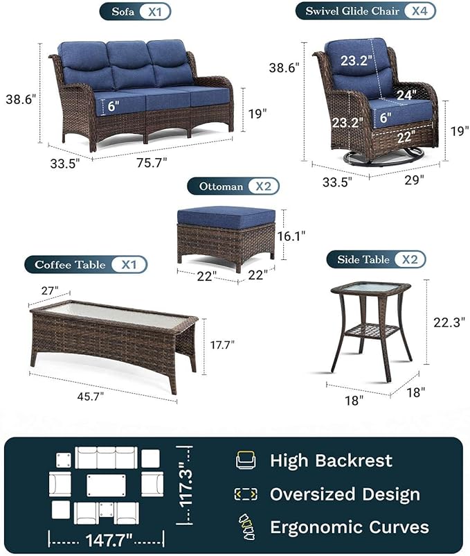 High Back Outdoor Furniture with Extra Thick Cushion Patio Swivel Rocking Chairs, Comfort 3-Seat Sofa, 10PCS Oversized Wicker Conversation Set for Porch, Deck, Yard in Blue