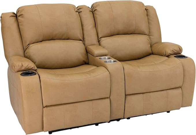 RecPro Charles 64" Powered Recliner RV Sofa with Console and Cupholders | Zero Wall Loveseat for Camper | Wall Hugger Couch with Upgraded 2023 Fabric (Toffee)