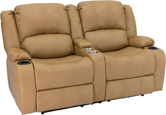 RecPro Charles 64" Powered Recliner RV Sofa with Console and Cupholders | Zero Wall Loveseat for Camper | Wall Hugger Couch with Upgraded 2023 Fabric (Toffee)