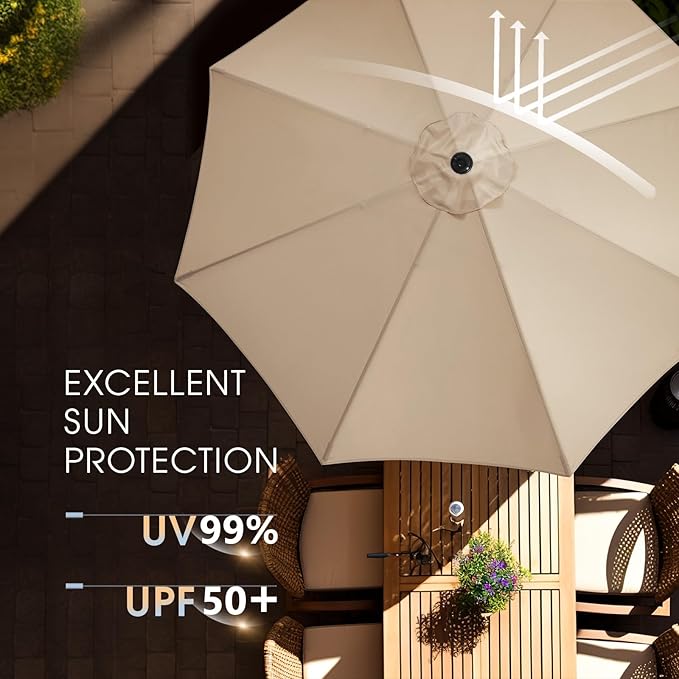 wikiwiki 10FT Patio Umbrella with Base, Outdoor Umbrellas with Base Included, 8 Sturdy Ribs, Waterproof Fade Resistant POLYESTER DTY Canopy for Deck, Lawn, Garden, Backyard & Pool, Beige