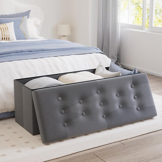 PRANDOM Jumbo Ottoman with Storage [1-Pack] Velvet Folding Small Square Foot Stool with Lid for Living Room Bedroom Coffee Table Dorm Dark Grey 43x15x15 inches