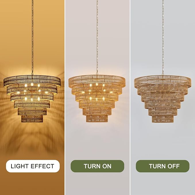31.5” Large Boho Rattan Chandelier Light Fixture, 12-Light Golden Hand Woven Chandeliers 6-Tier Vintage Farmhouse Wicker Gold Chandelier for Dining Room, Kitchen, Bedroom, Living Room, Foyer