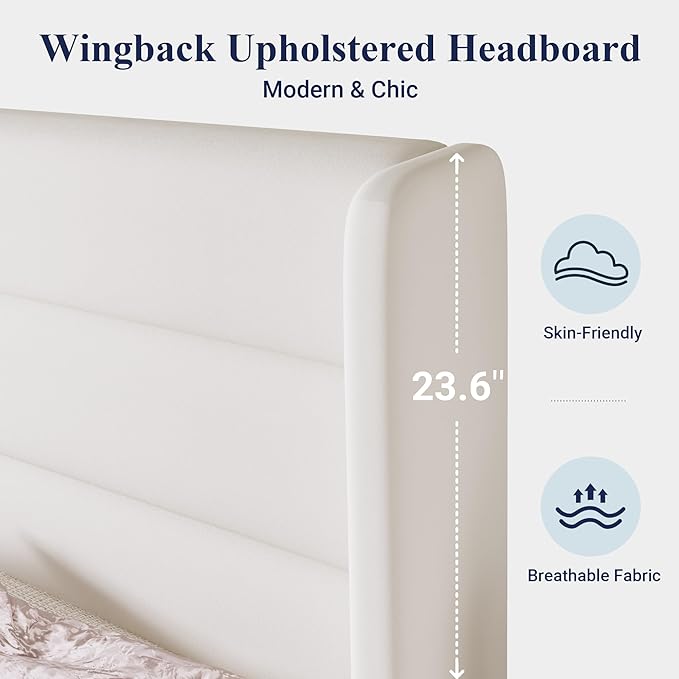 Allewie Queen Size Platform Bed Frame with Velvet Upholstered Wingback Headboard, No Box Spring Needed, Under Bed Storage Space, Strong Wooden Slats, Modern Mattress Foundation, Easy Assembly, White